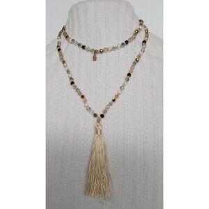 Express Aurora Borealis Faceted Glass Tassel Necklace 39 in Hand Knotted